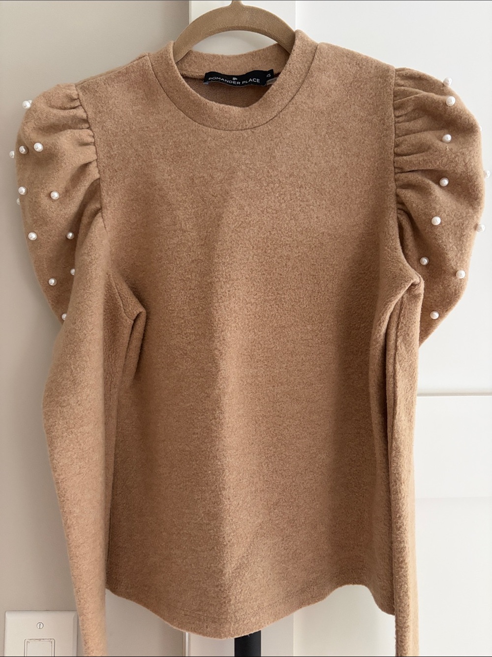 Camel Puff Sleeve Sweater with Pearls